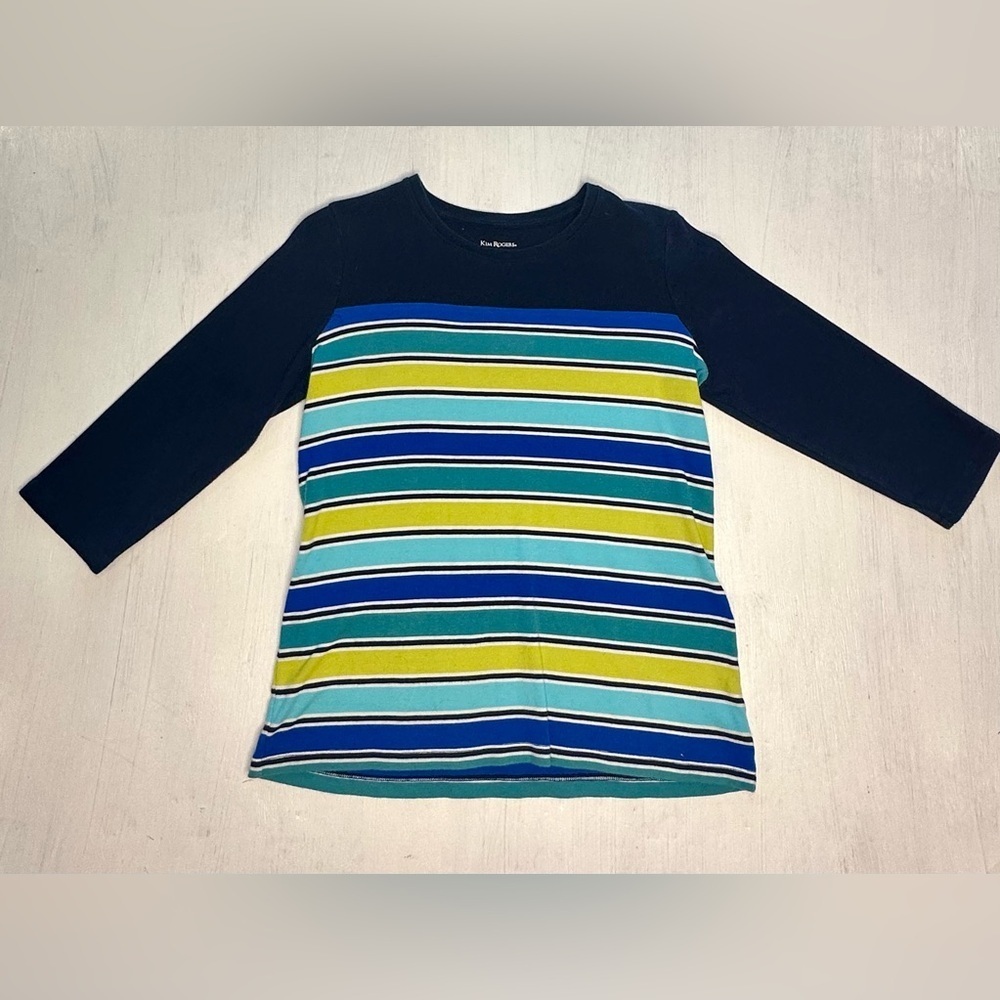 Kim Rogers Women’s Small Striped 3/4 Sleeve Cotton Top Blue Green